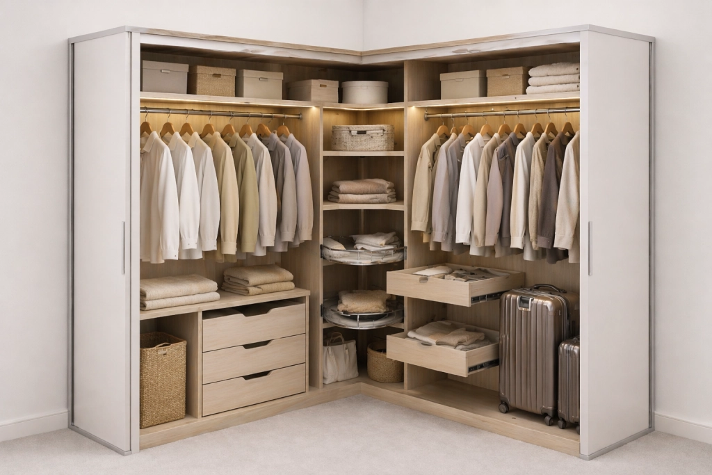 Пример наполнения симметричного углового шкафа с открытыми полками в центральной зоне