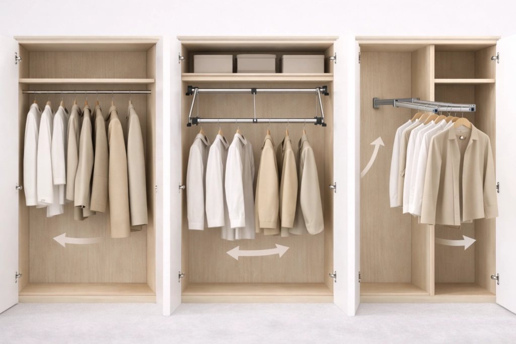Пантограф, штанга или выдвижная вешалка: какой механизм выбрать для шкафа